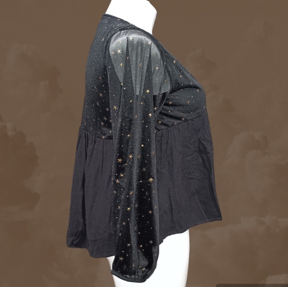 UMGEE Peasant Blouse Ballon Sheer Sleeve Plunge Neck Casual Top Gold Accent Sz M - Picture 5 of 12